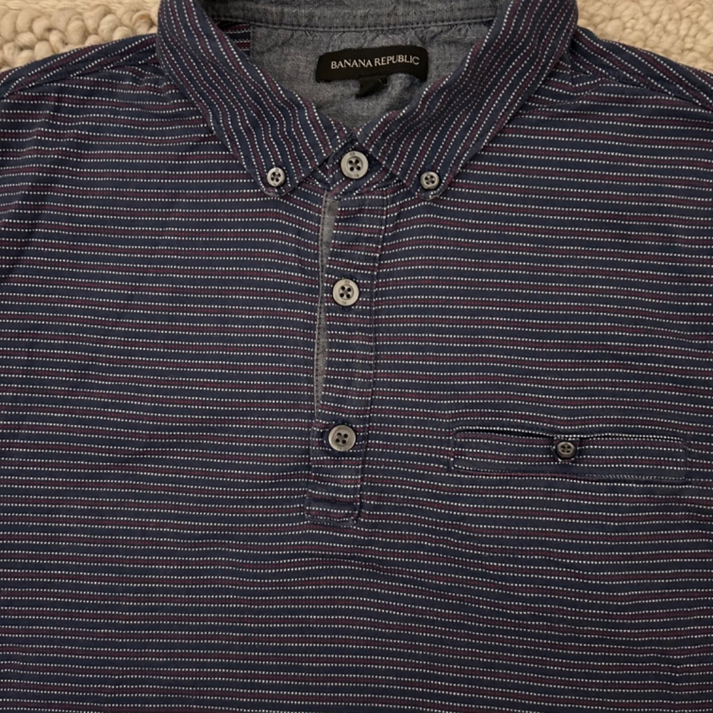 Banana Republic Button-Down Collar Polo - Medium, Navy Textured Stripe